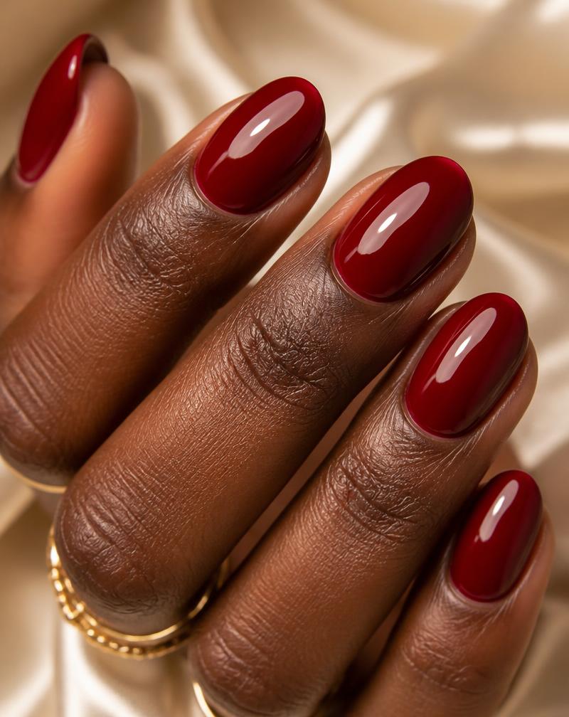 Glossy deep red short almond nails