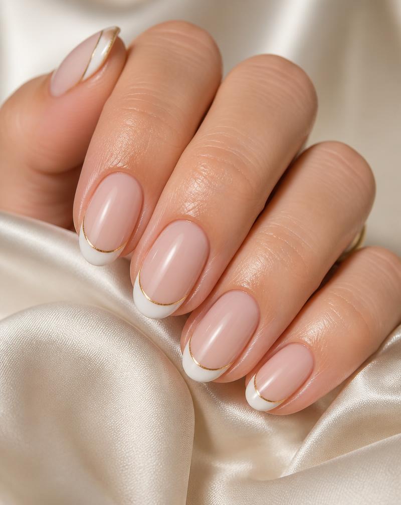 Nude French tip nails with fine gold line