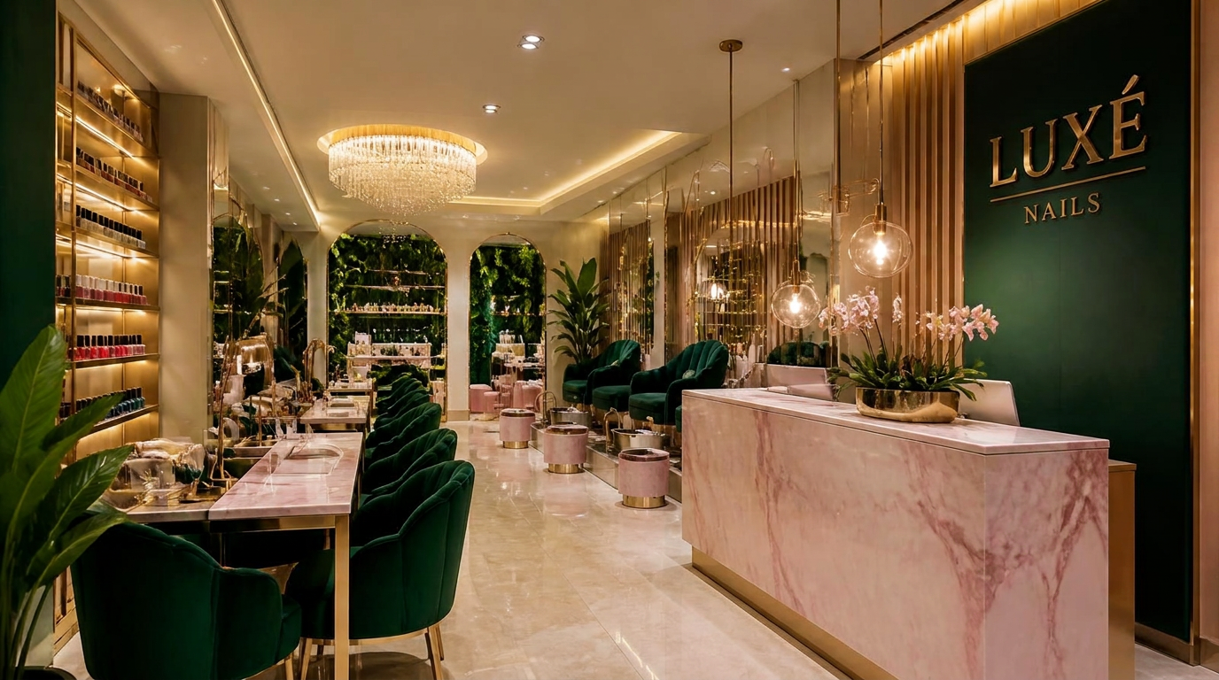 Interior of Bloom Nail Studio with emerald velvet chairs and gold accents